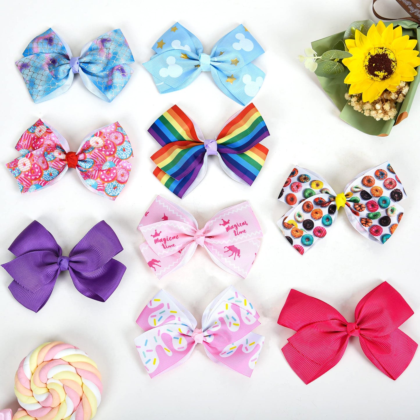 12 Pcs 5 Inch Hair Bows For Girls,Colorful Rainbow Heart Girls Hair Bows Grosgrain Ribbon Hair Bow With Alligator Clips For Todd