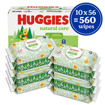 Huggies Natural Care Sensitive Baby Wipes, Unscented, Hypoallergenic, 99% Purified Water, 10 Flip-Top Packs (560 Wipes Total)