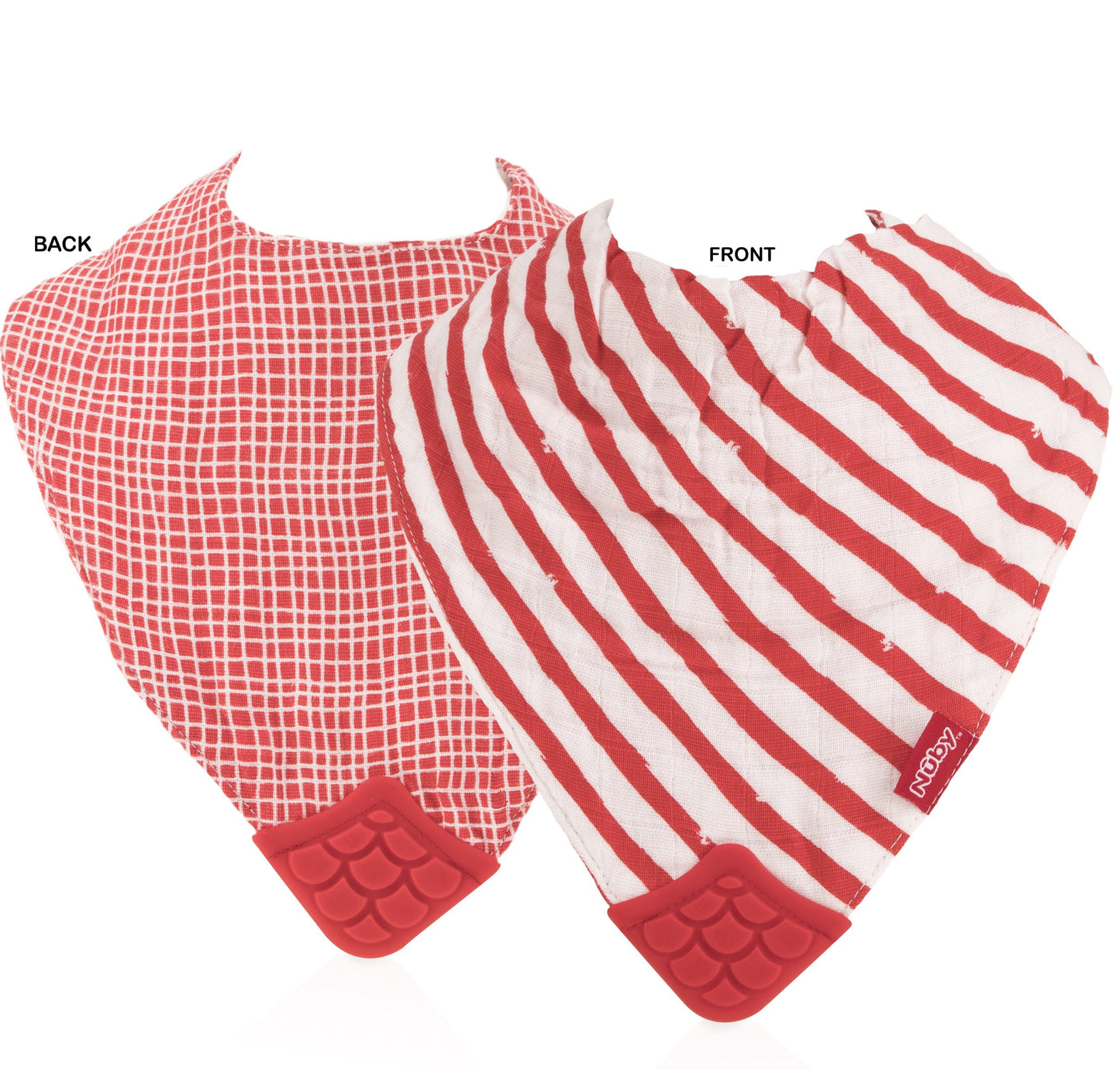 Nuby Reversible 100% Natural Cotton Muslin 3 Piece Teething Bib, Grey/Red/Blue, Arrows/Red Stripes/Elephants