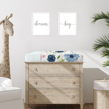 Sweet Jojo Designs Navy Blue And Pink Watercolor Floral Girl Baby Nursery Changing Pad Cover - Blush, Green And White Shabby Chi