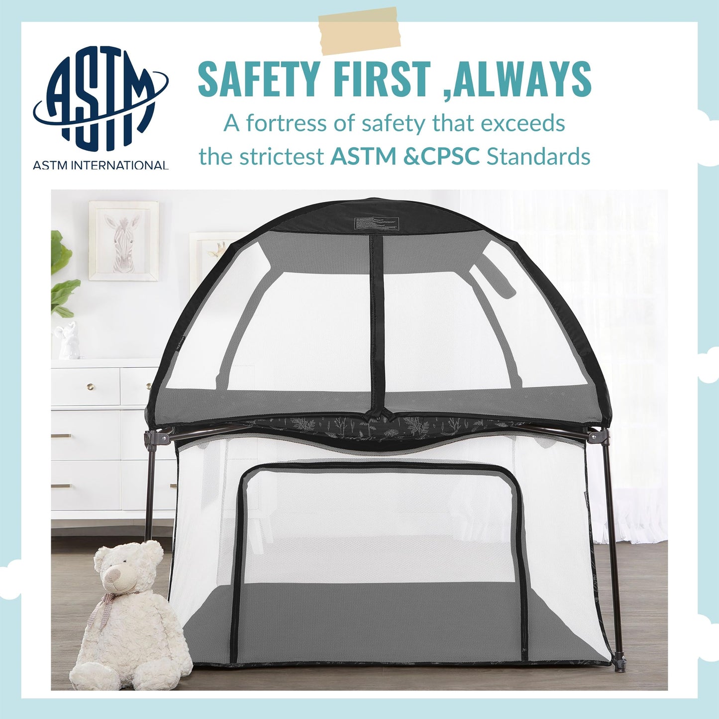 Dream On Me Ziggy Square Playpen With Canopy | Baby Playpen | Portable And Lightweight | Playpen For Babies And Toddler | Black