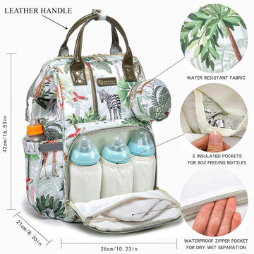Qwreoia Tropical Rainforest Diaper Bag Backpack,Animal Nappy Backpack With Coin Bag Usb Charging Port Stroller Straps And Insula