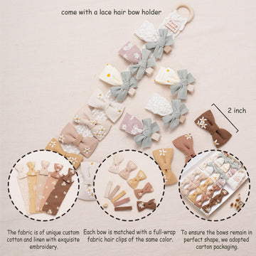 Baby Girl Hair Clips With Bow Holder 18 Pcs Daisy Embroidered Hair Bow Handmdade Flower Bouquet,Fully Lined Alligator Clips,Hair