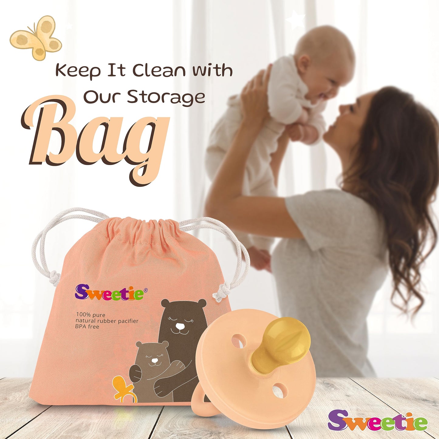 Sweetie Rubber Light Pink Pacifier Natural Rubber Pacifier Rounded (0-6 Month, Light Pink)