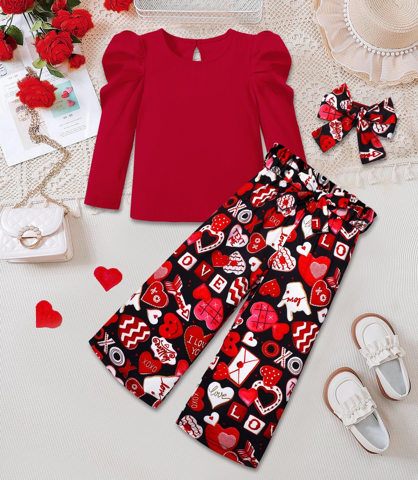 Migu Girls Valentines Day Outfit Size 6-7 Valentines Outfit Girl Red Puffy Sleeve Top Love Pattern Pants Headbands 3Pcs