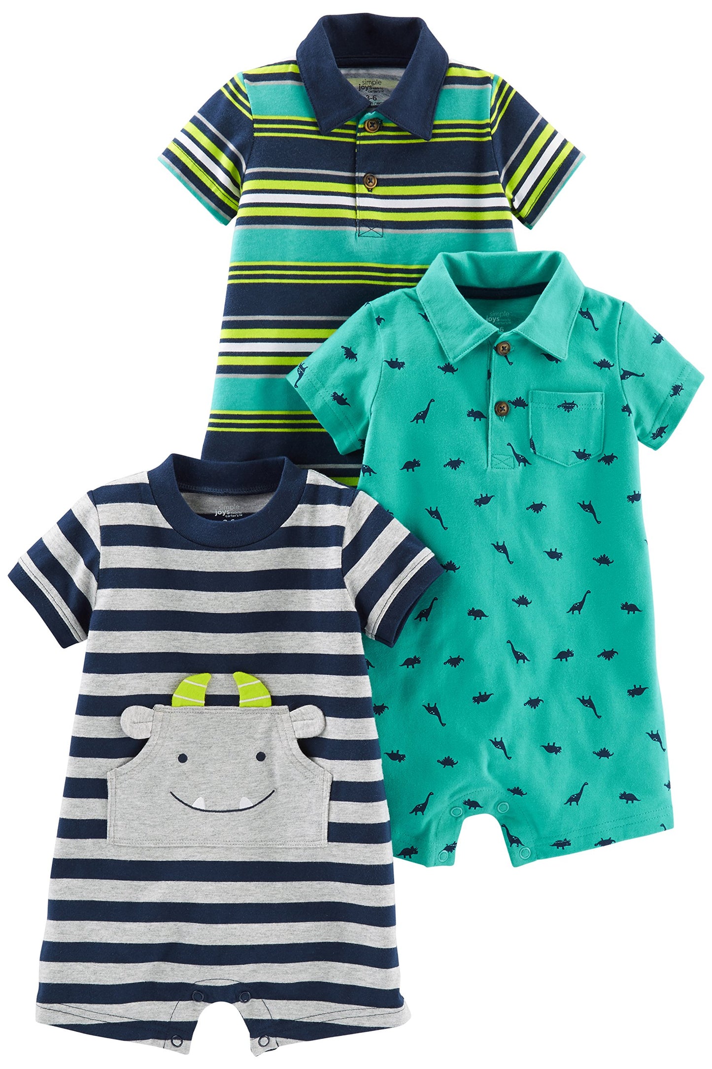Simple Joys by Carters Baby 3-pack Rompers, Blue Stripe/Turquoise Dino/Grey Navy, 3-6 months