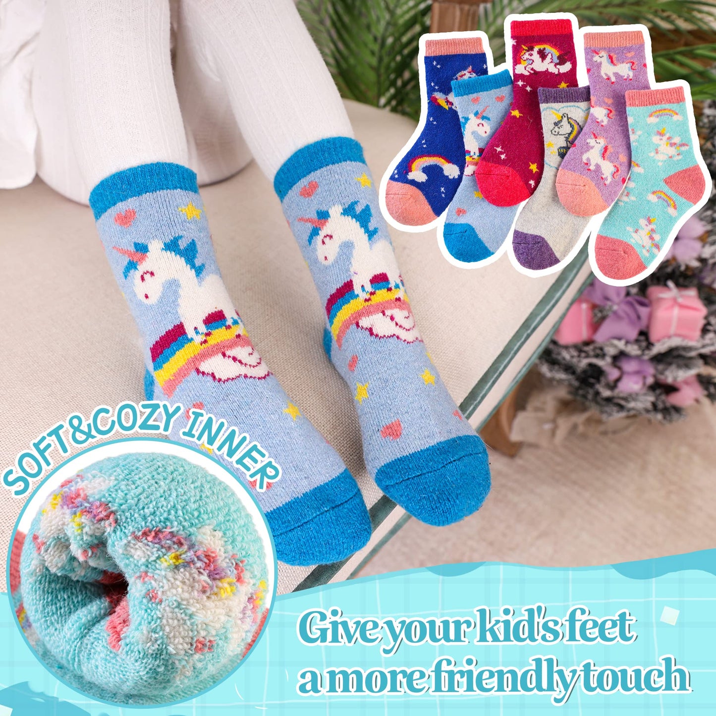 Eocom 6 Pairs Children'S Winter Warm Wool Socks Kids Toddlers Boys Girls Thermal Thick Boot Cozy Crew Socks (8-12 Years, Unicorn