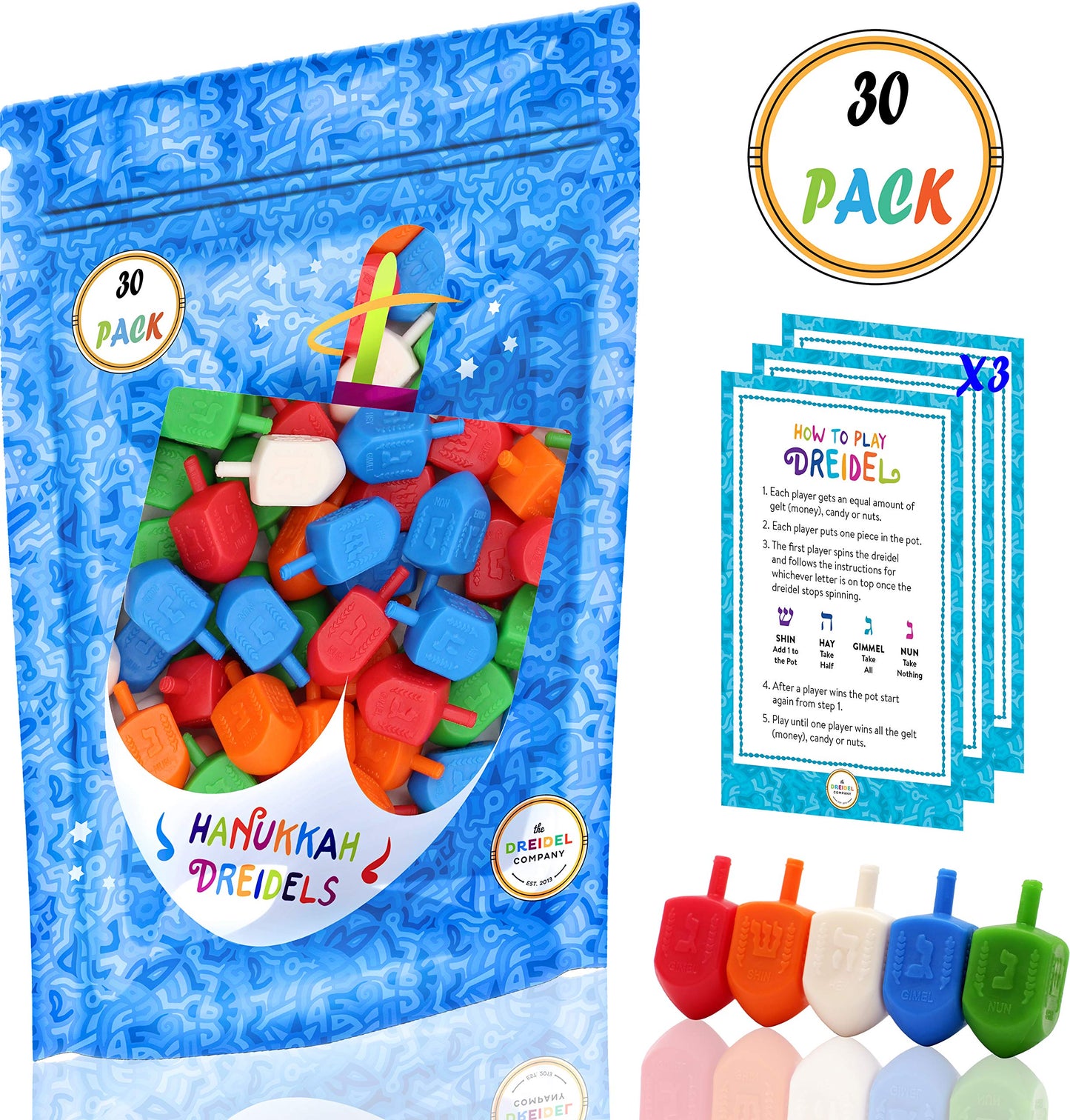 The Dreidel Company Hanukkah Dreidels Multicolor Plastic Chanuka Dreidels With English Transliteration - Includes Dreidel Game I
