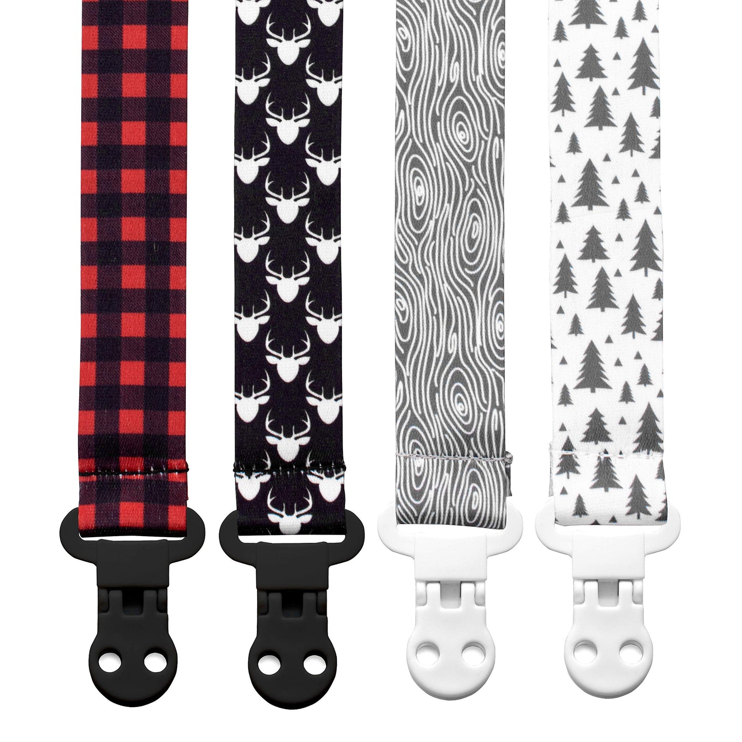 Stadela Baby Pacifier Clip Holder - Boy 4 Pack Gift Set - Plaid Deer Forest Woodland Trees Red Black Gray (Lumberjack)