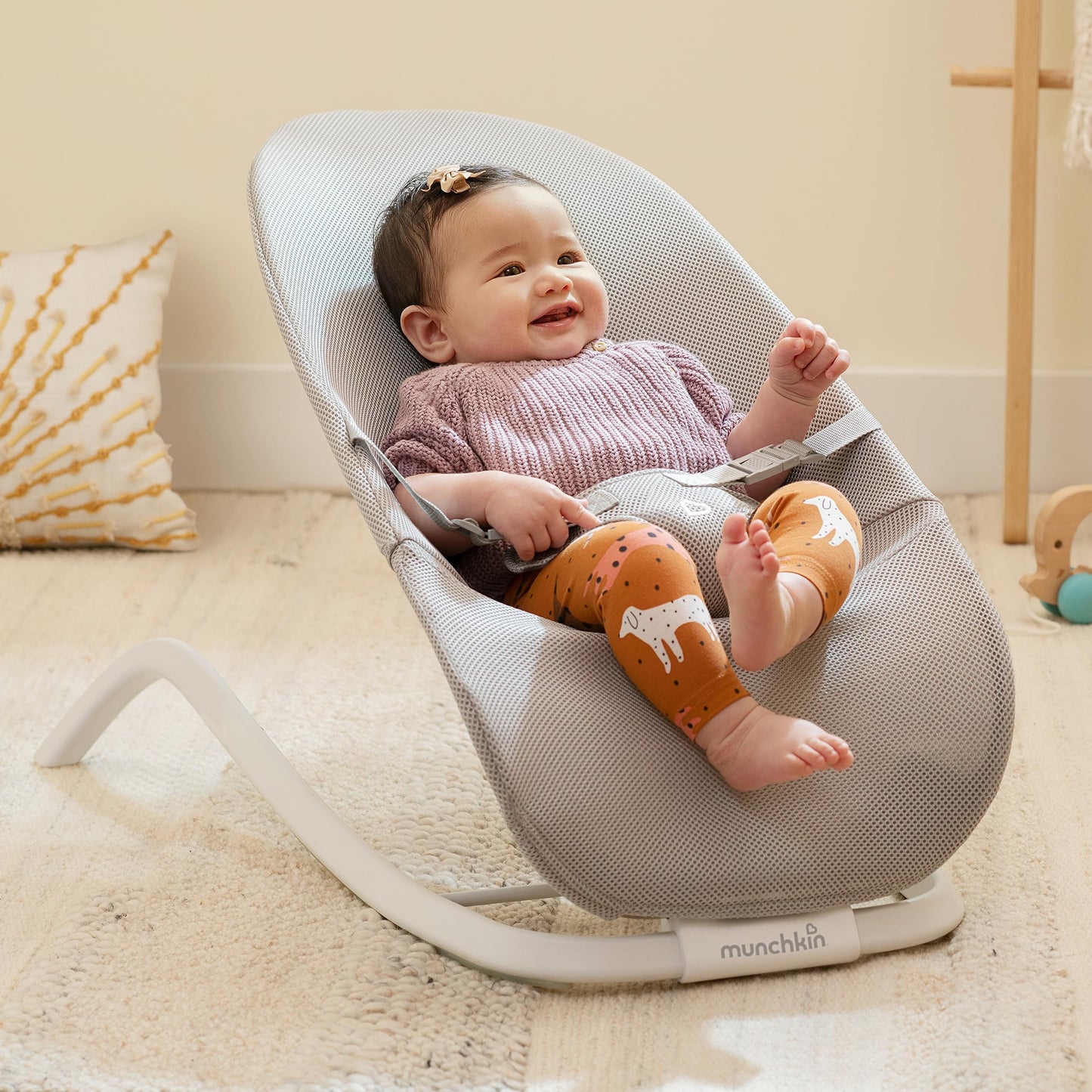 Munchkin Spring Baby Bouncer And Rocker Seat, 2-In-1 Design, Portable And Lightweight With 3 Recline Positions, Grey