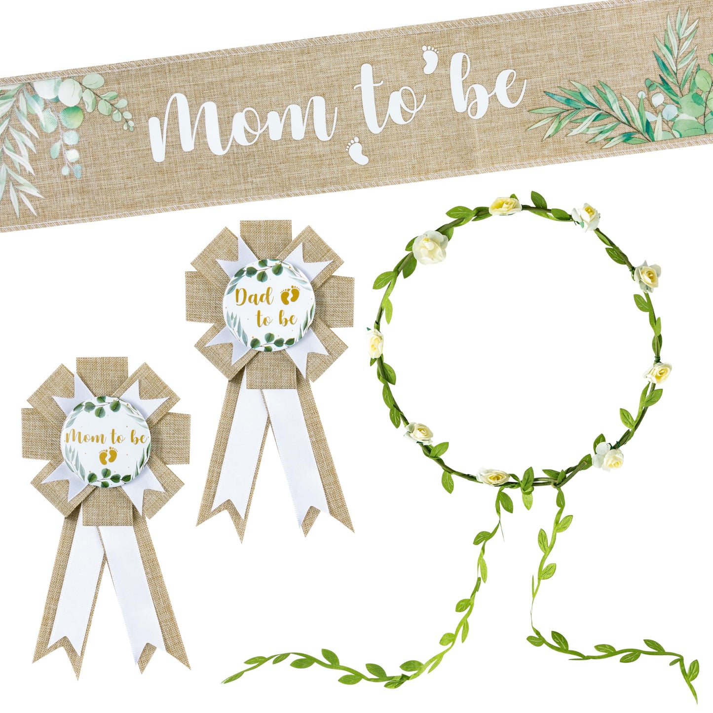 R HORSE 5Pcs Neutral Burlap Mom to Be Sash Dad to Be Pin Baby Shower Decorations, Eucalyptus Pregnant Mom Sash Corsage Pin and F