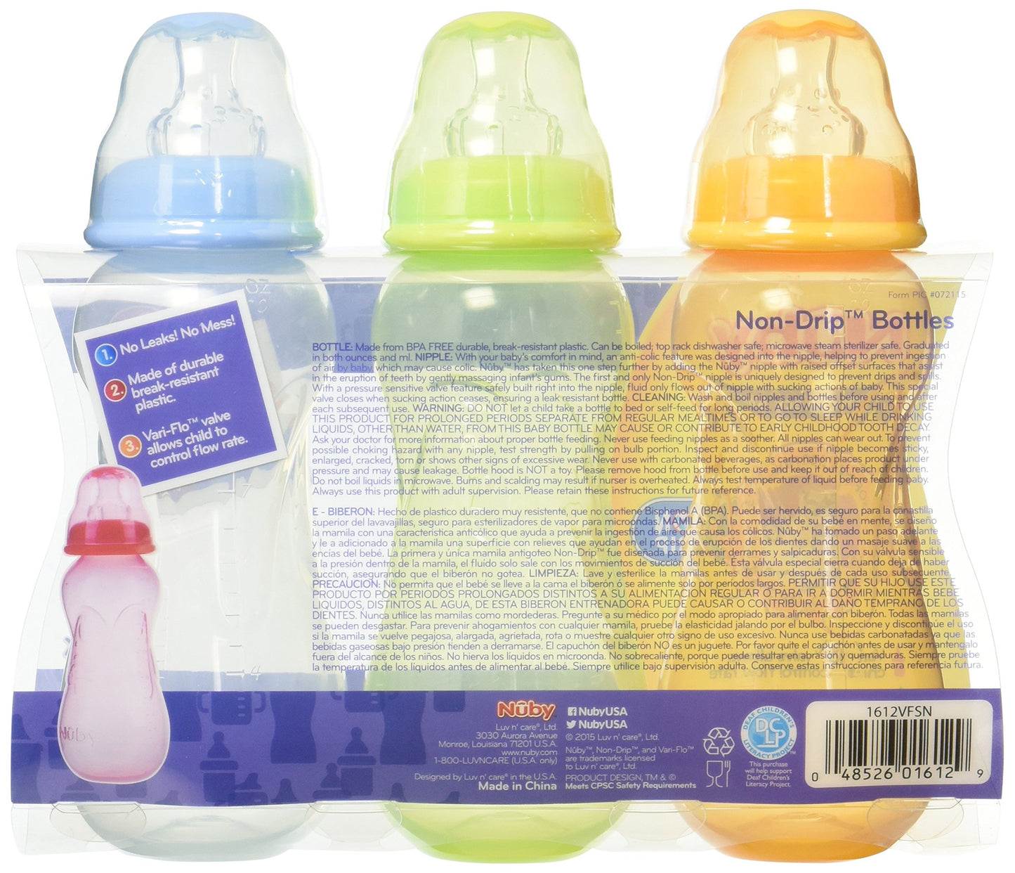 Nuby No-Drip Tinted Bottle 3Pk 10 Ounce - Assorted Colors