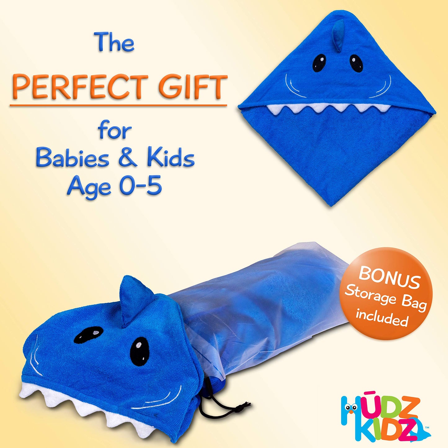 Hudz Kidz Hooded Baby Shark Towel, Soft 100% Cotton, Perfect For Newborn Through Toddler (Blue)