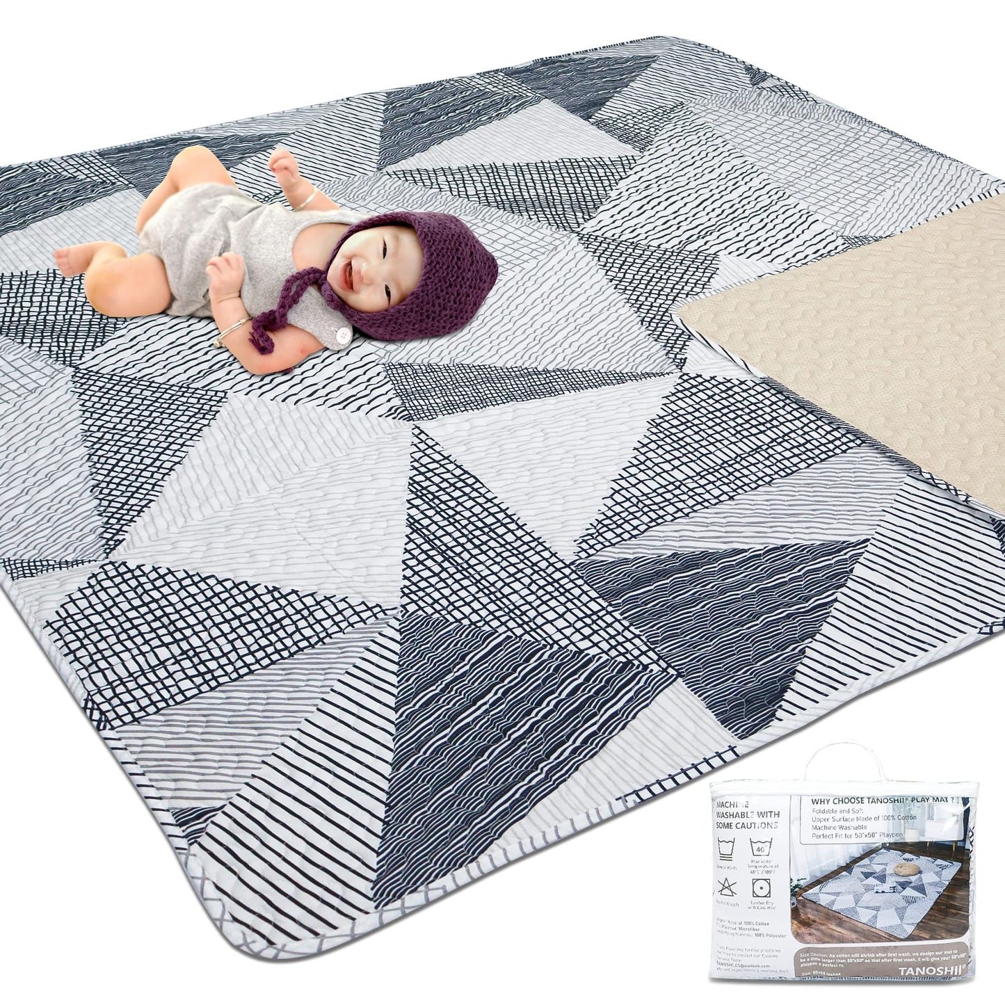 Tanoshii Baby Play Mat For 50'X50' Playpen, Machine Washable Kids Mat, Cotton,Foldable Crawling Mat For Floor,One-Piece Crawli