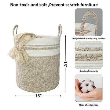 Xuanguo Cotton Rope Laundry Basket Hamper For Clothes Woven Storage Basket For Living Room Bedroom Boho Tall Rope Baskets For Bl