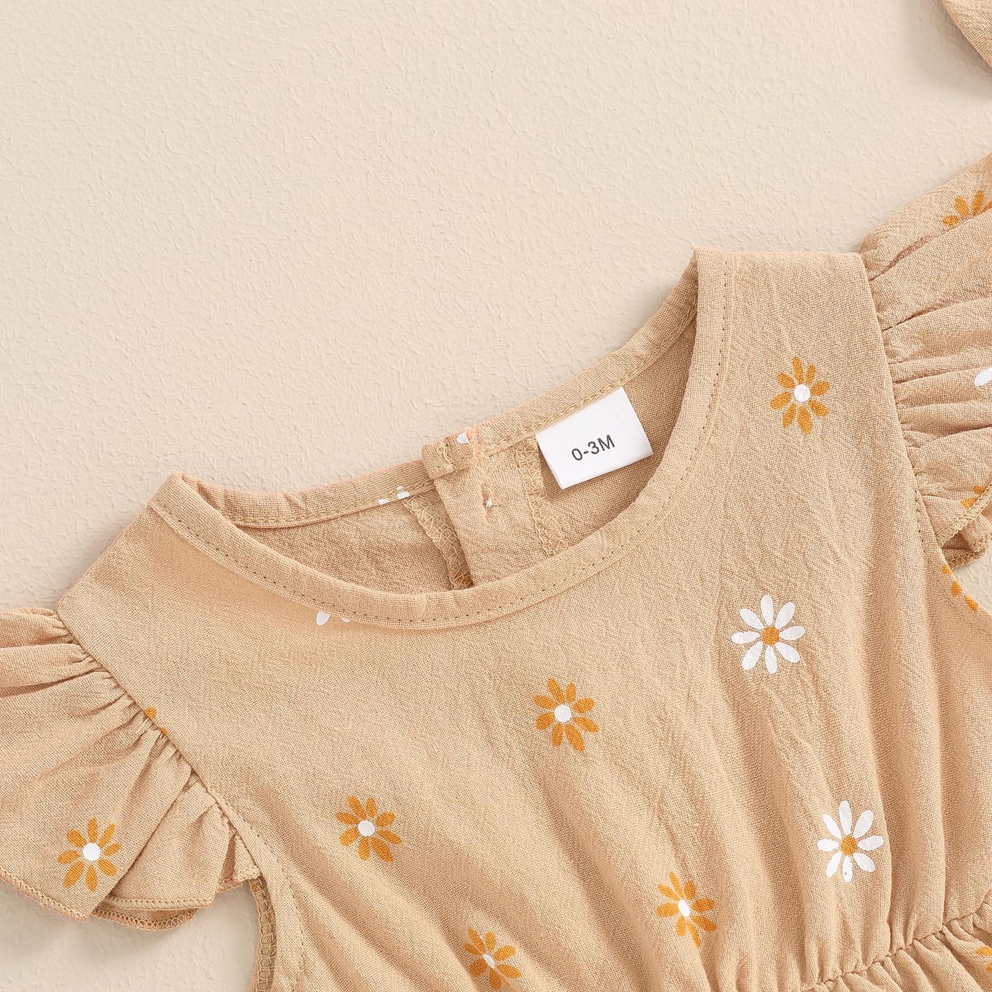 Fomoyuu Newborn Baby Girls Daisy Printed Clothes Pleated Ruffled Sleeve Bubble Romper Cute Summer Outfit With Headband (Khaki, 0