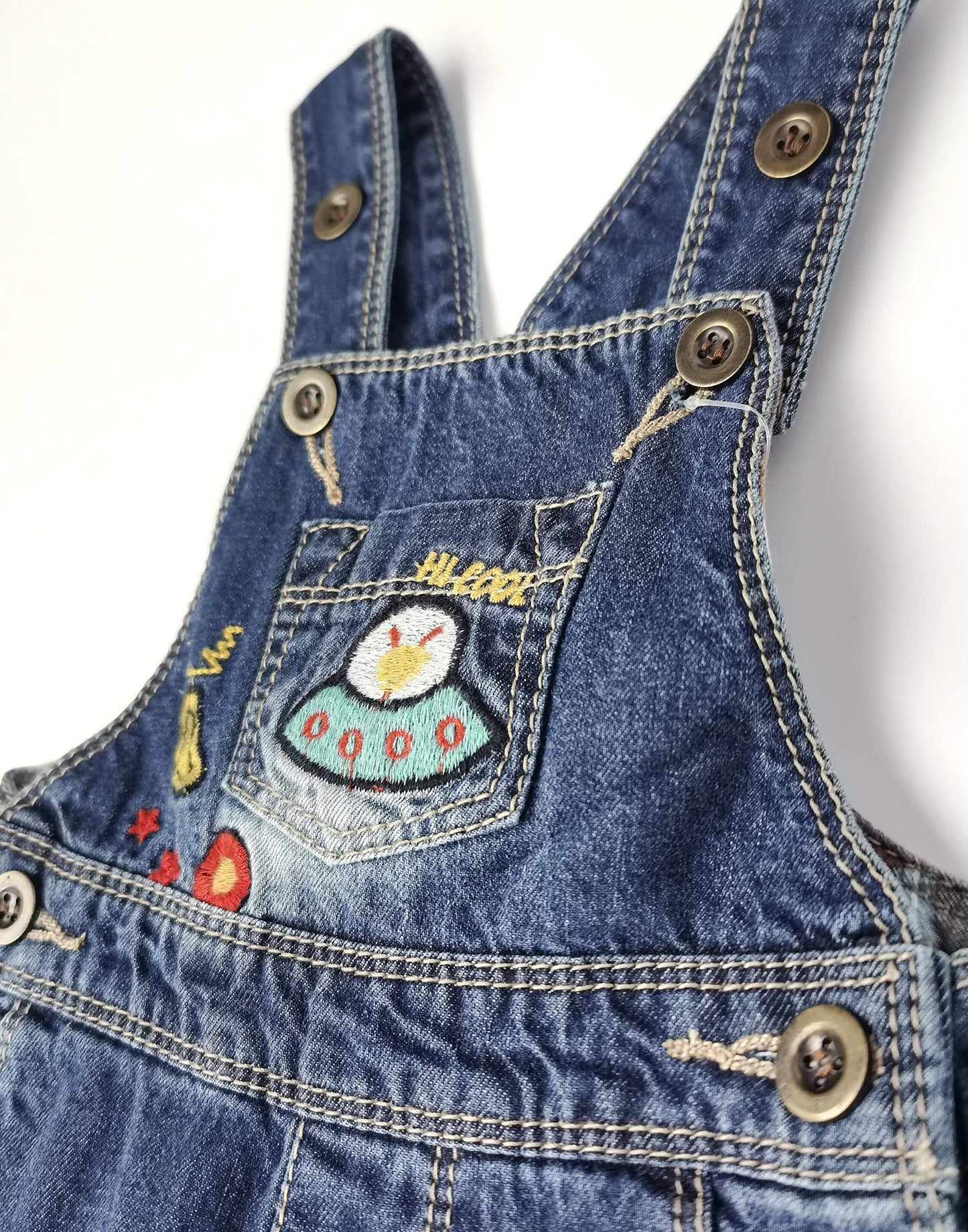 Kidscool Space Baby Boys Easy Diaper Changing Snap Legs Rockets Embroidered Denim Overalls,Blue,9-12 Months