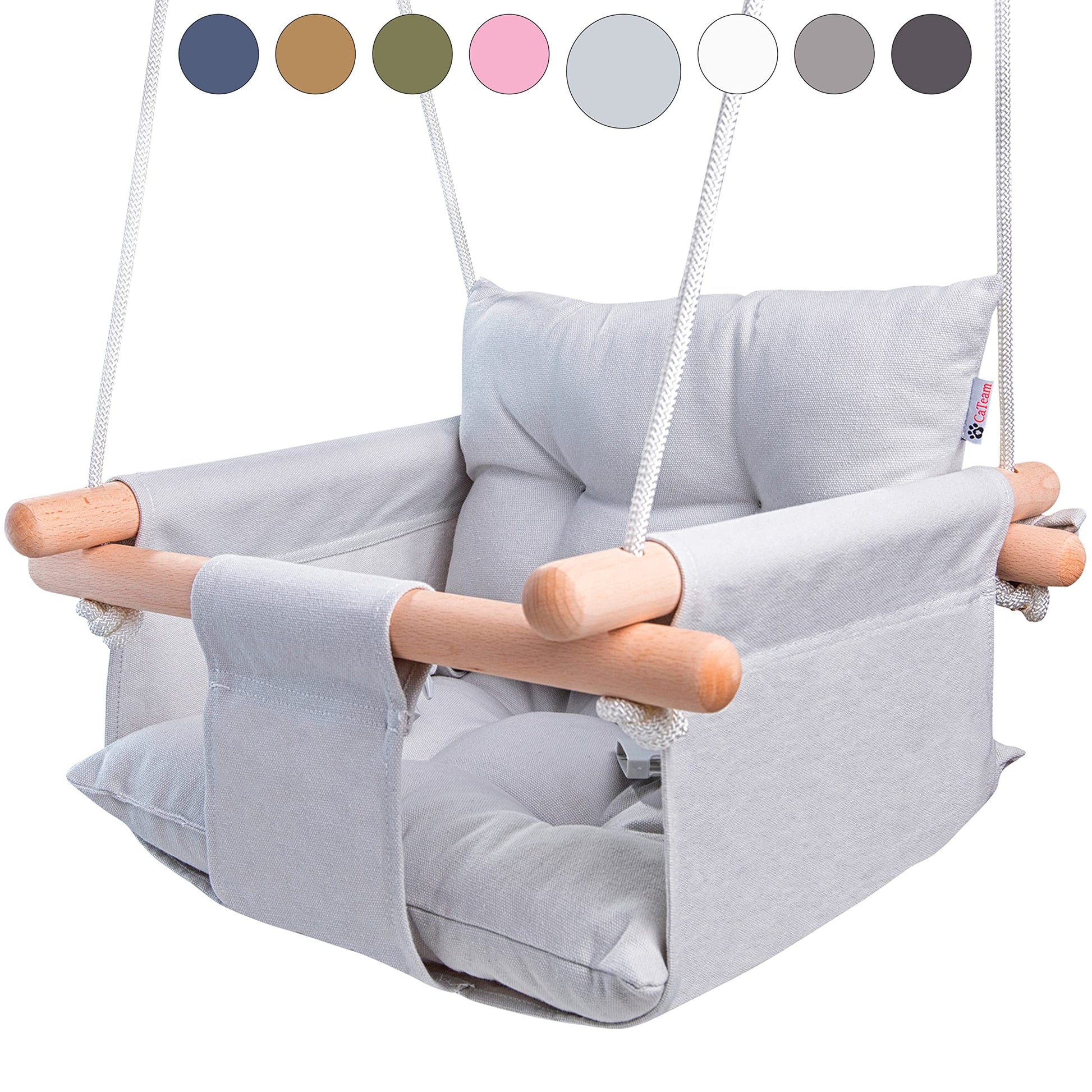 Canvas Baby Swing By Cateam - Gray - Wooden Hanging Swing Seat Chair For Baby With 5-Point Safety Belt And Mounting Hardware. Ba