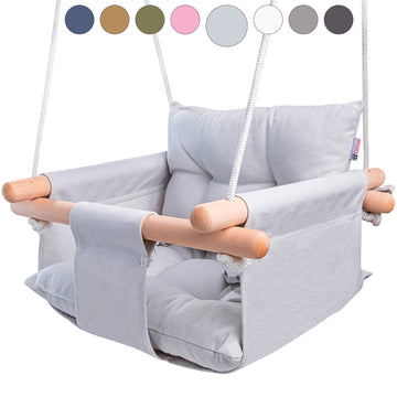 Canvas Baby Swing By Cateam - Gray - Wooden Hanging Swing Seat Chair For Baby With 5-Point Safety Belt And Mounting Hardware. Ba