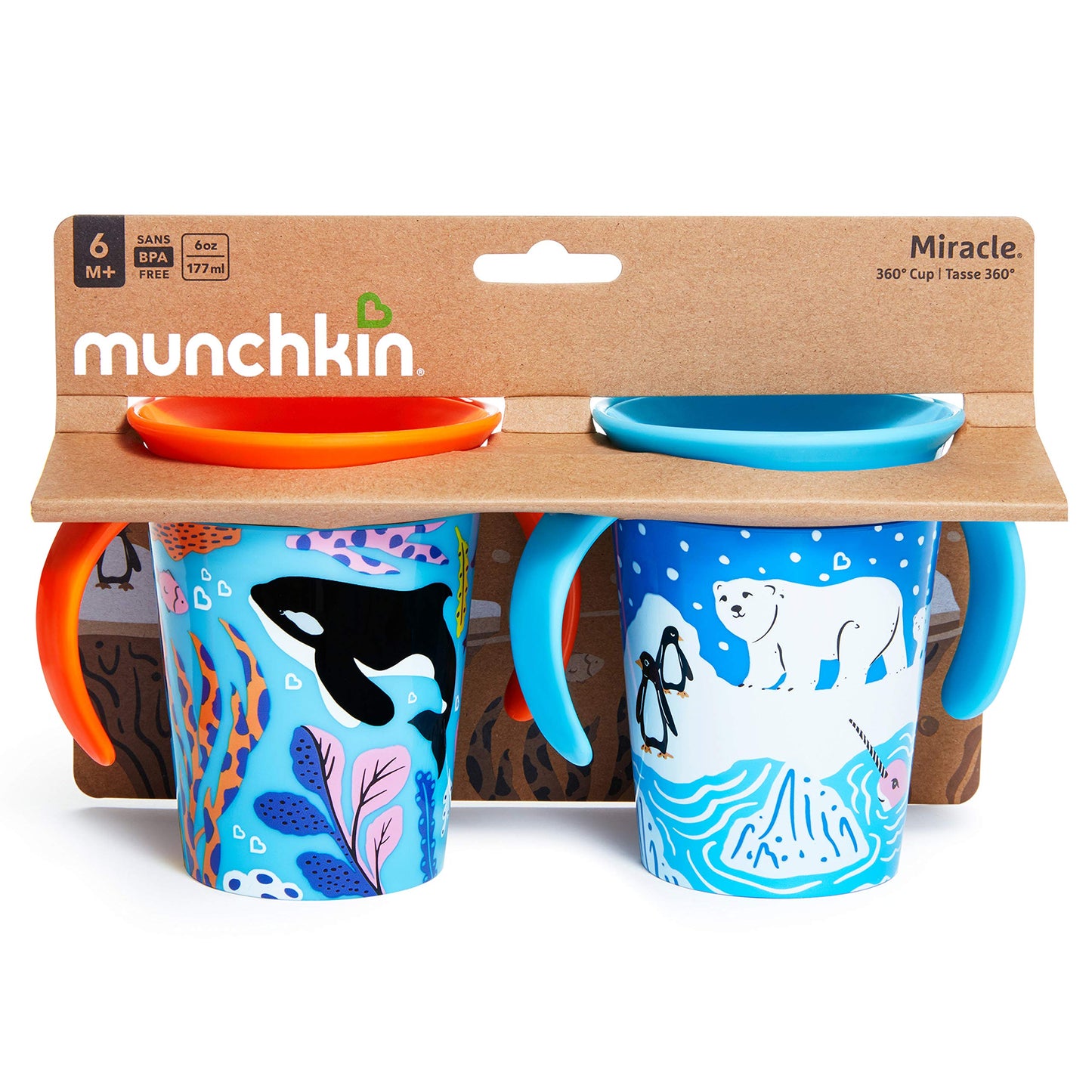 Munchkin Miracle 360 Wildlove Sippy Cup, 6 Oz, 2 Pack, Orca/Polar Bear