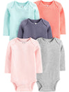 Simple Joys By Carter'S Baby Girls' 5-Pack Long-Sleeve Bodysuit, Grey/Mint Green/Navy/Peach/Pink, 6-9 Months