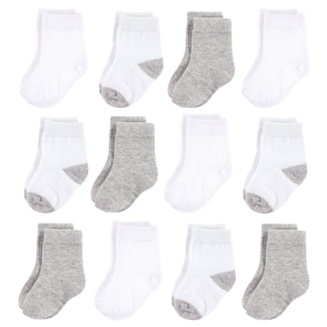 Hudson Baby Unisex Cotton Rich Newborn And Terry Socks, White Gray, 12-24 Months