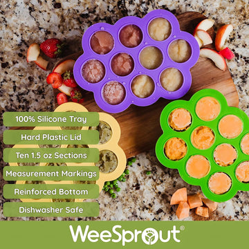 Weesprout Silicone Baby Food Freezer Tray With Clip-On Lid - Perfect Storage Container For Homemade Baby Food, Vegetable & Fruit