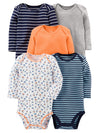 Simple Joys By Carter'S Baby Boys' 5-Pack Long-Sleeve Bodysuit, Blue/Grey Heather/Navy Stripe/Orange/White Sailboats, 12 Months