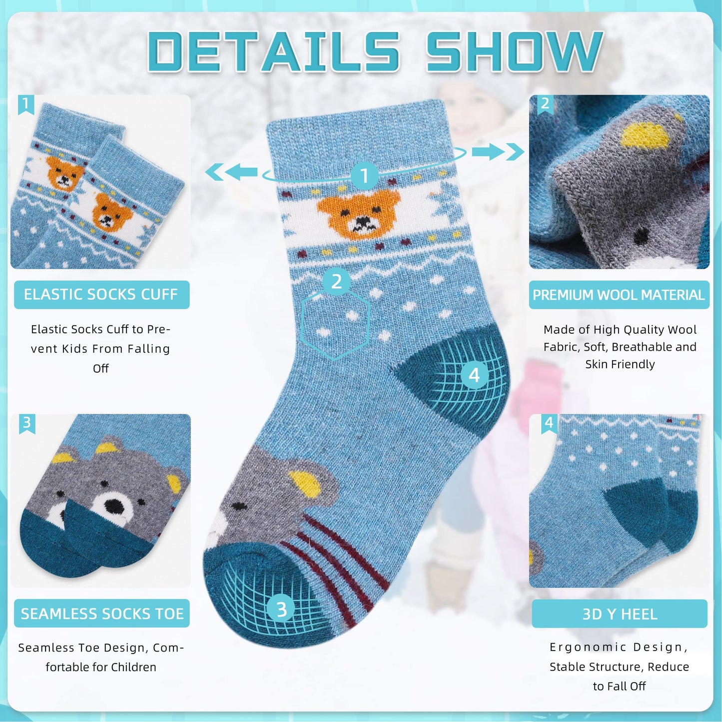 Eocom 6 Pairs Children'S Winter Warm Wool Animal Crew Socks Kids Boys Girls Socks (6 Pairs Bear, 4-7 Years)