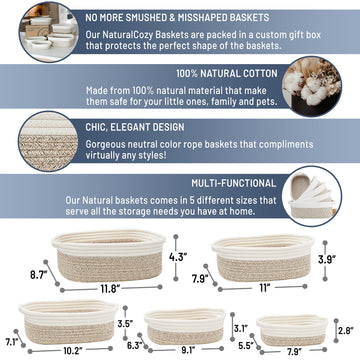 Naturalcozy 5-Piece Rectangle Storage Basket Set- Natural Cotton Rope Woven Baskets For Organizing! Small Basket For Montessori,