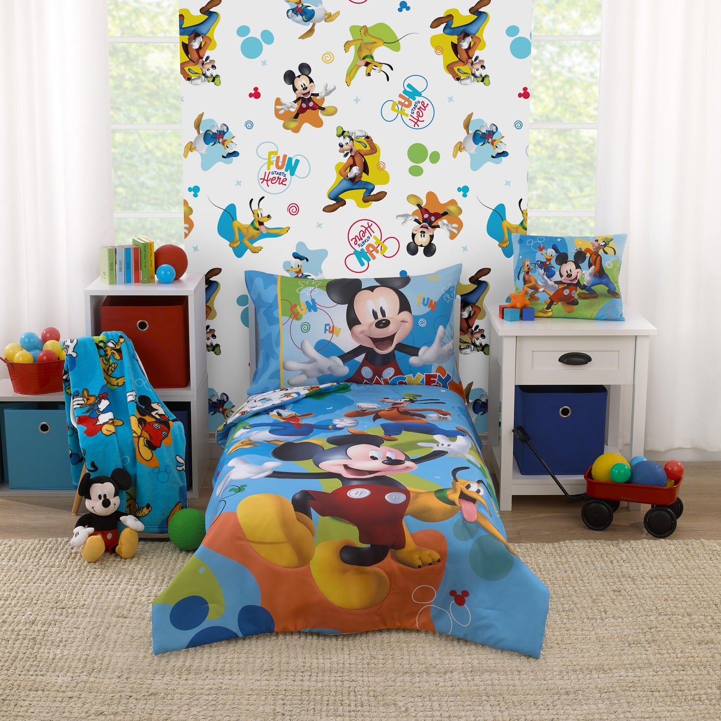 Disney Mickey Mouse Blue, Red, And Green, Donald Duck, Pluto, And Goofy Fun Starts Here Decorative Throw Pillow