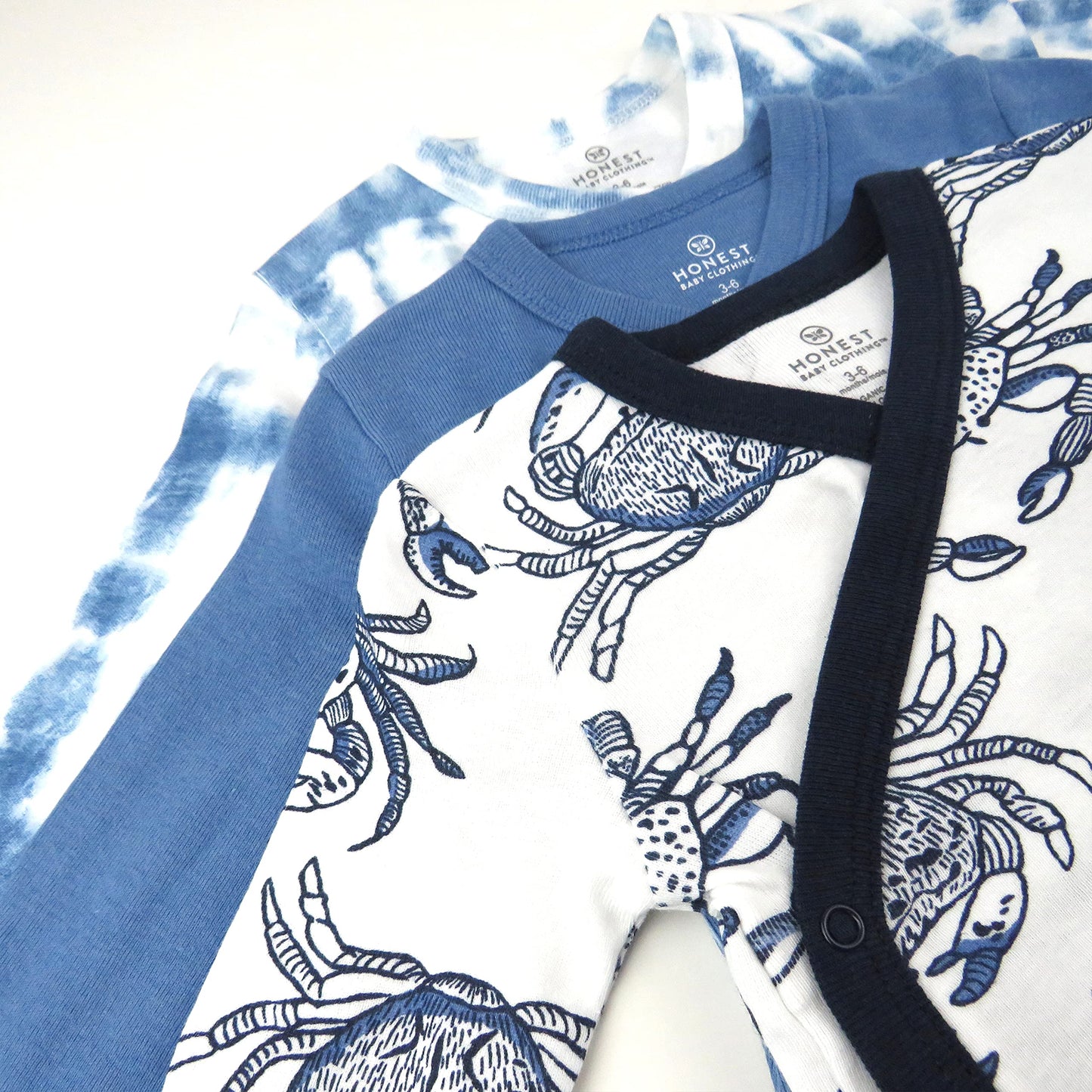 Honestbaby 3-Pack Organic Cotton Long Sleeve Side-Snap Kimono Onesies Bodysuits, Crabs Navy, 0-3 Months