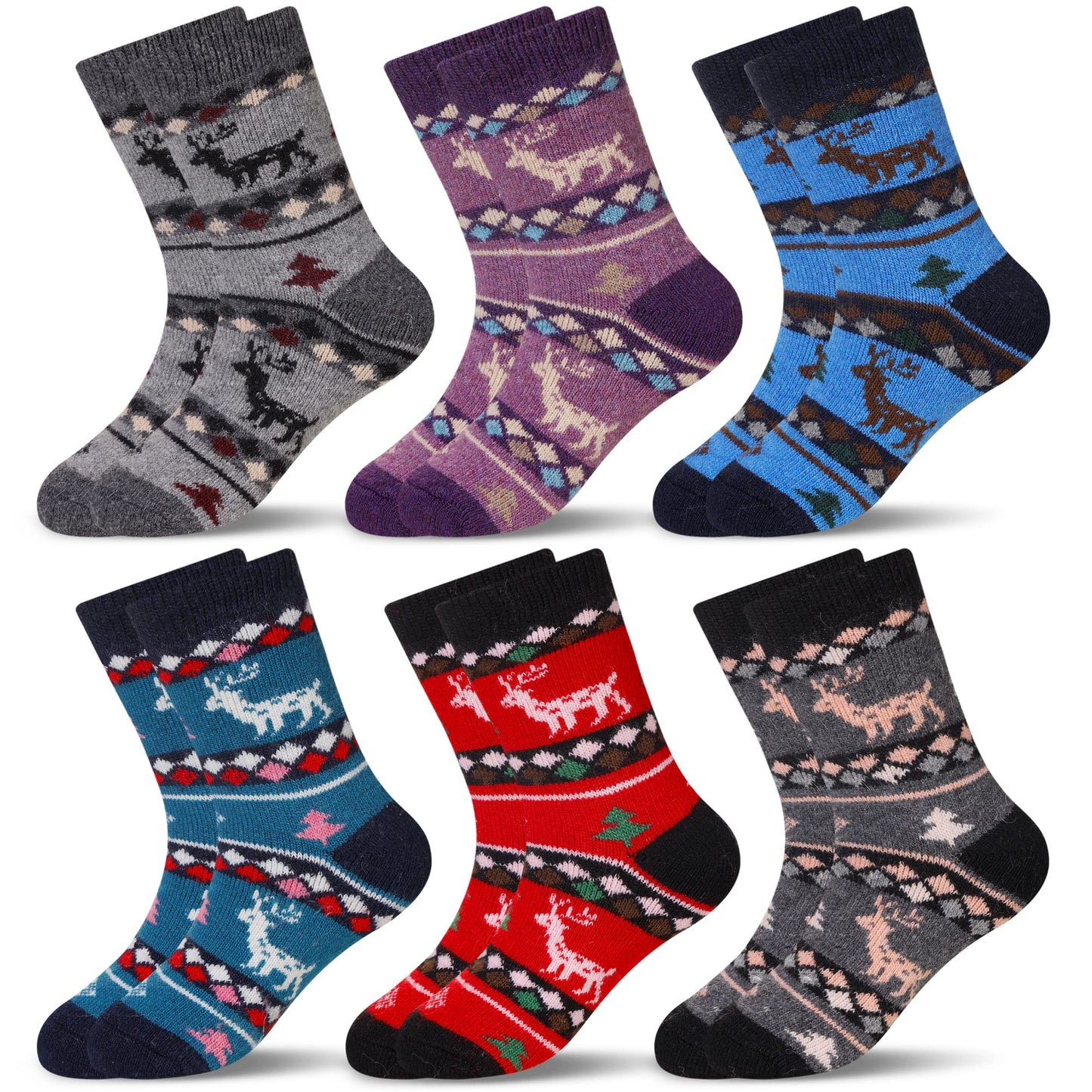 Eocom 6 Pairs Children'S Winter Warm Wool Animal Crew Socks Kids Boys Girls Socks (6 Pairs Christmas Deer, 1-3 Years)