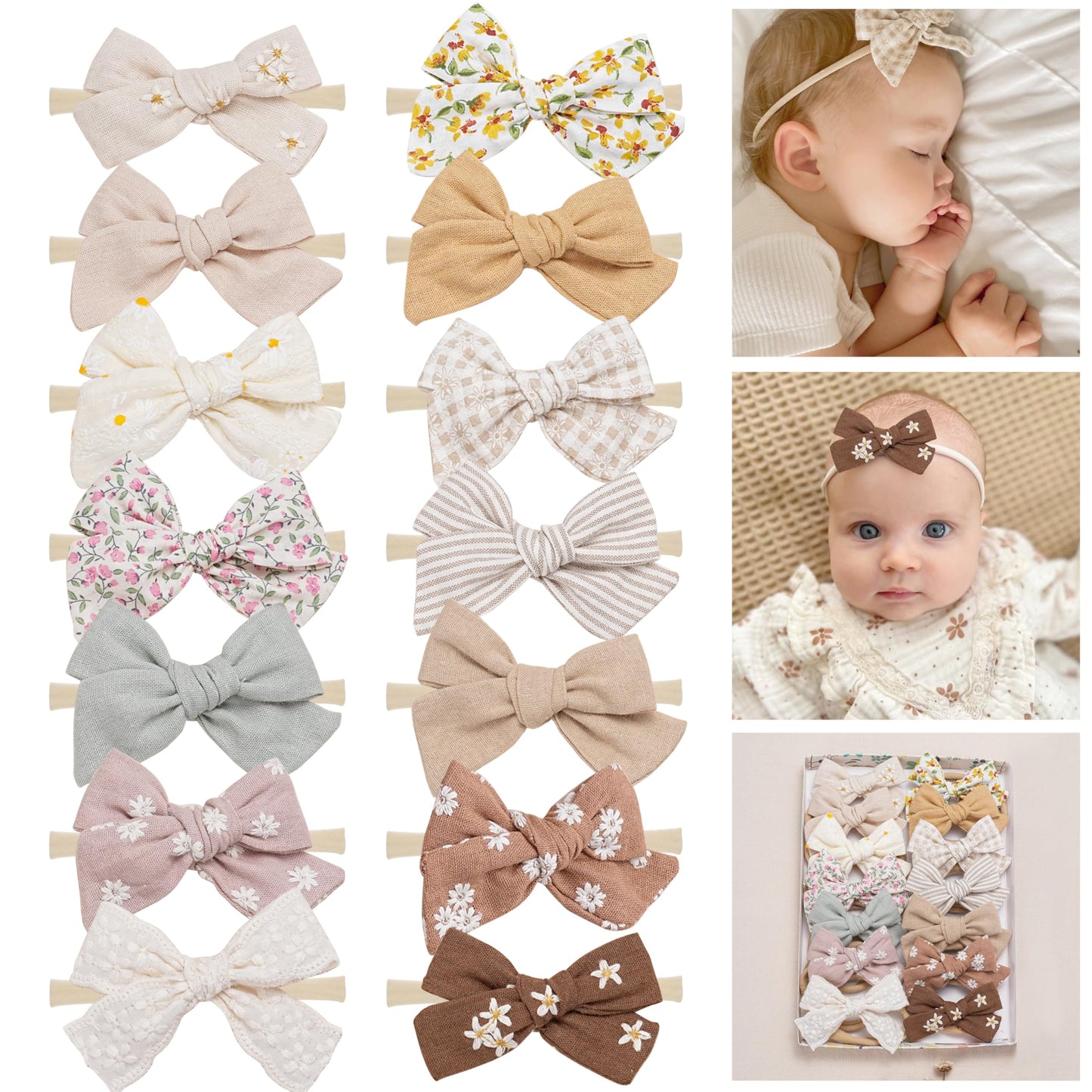 Fancy Clouds Baby Girl Bows and Headbands,14 pcs Stretchy Soft Nylon Hairbands Hair Bows for Newborns, Infants, Toddlers - Handm