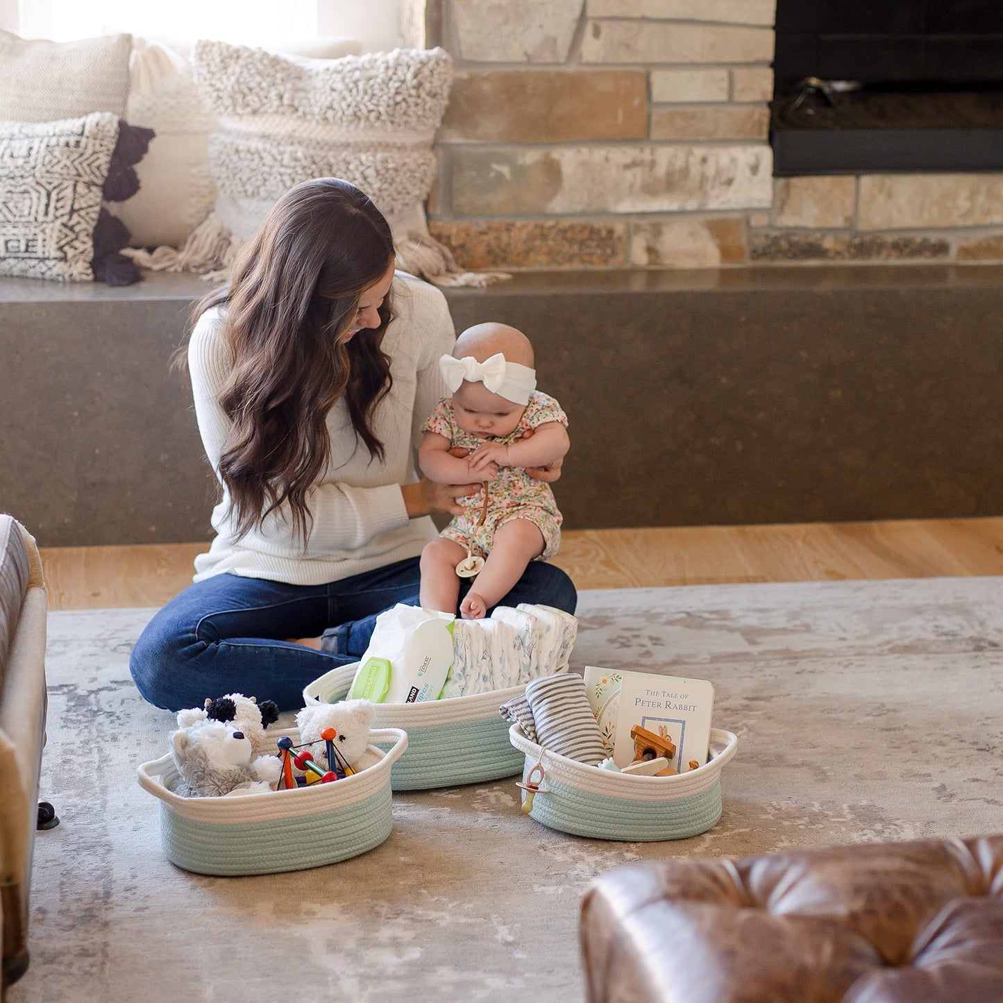 Naturalcozy 3-Piece Oval Storage Basket Set-Natural Rope Woven Baskets For Storage, Gift Basket Empty, Toy Basket, Soft Baby Bas