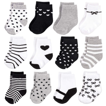 Hudson Baby Unisex Cotton Rich Newborn And Terry Socks, Girls Gray Black, 6-12 Months