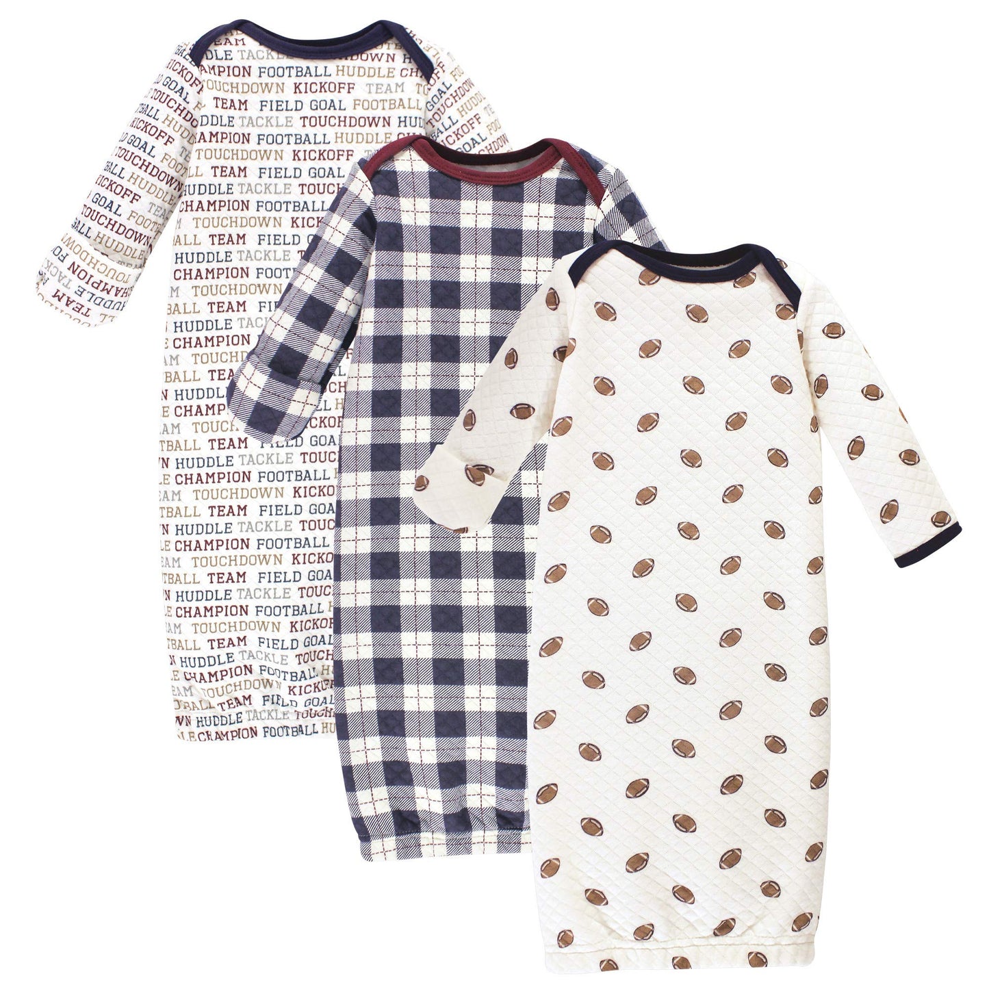 Hudson Baby Unisex Baby Quilted Cotton Gowns 3Pk, Football, 0-6 Months