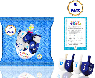 The Dreidel Company 10 Solid Blue & White Hand Painted Wooden Hanukkah Dreidels With English Transliteration - Includes Detailed
