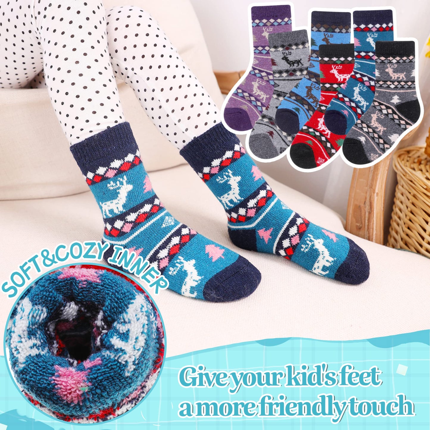 Eocom 6 Pairs Children'S Winter Warm Wool Animal Crew Socks Kids Boys Girls Socks (6 Pairs Christmas Deer, 1-3 Years)