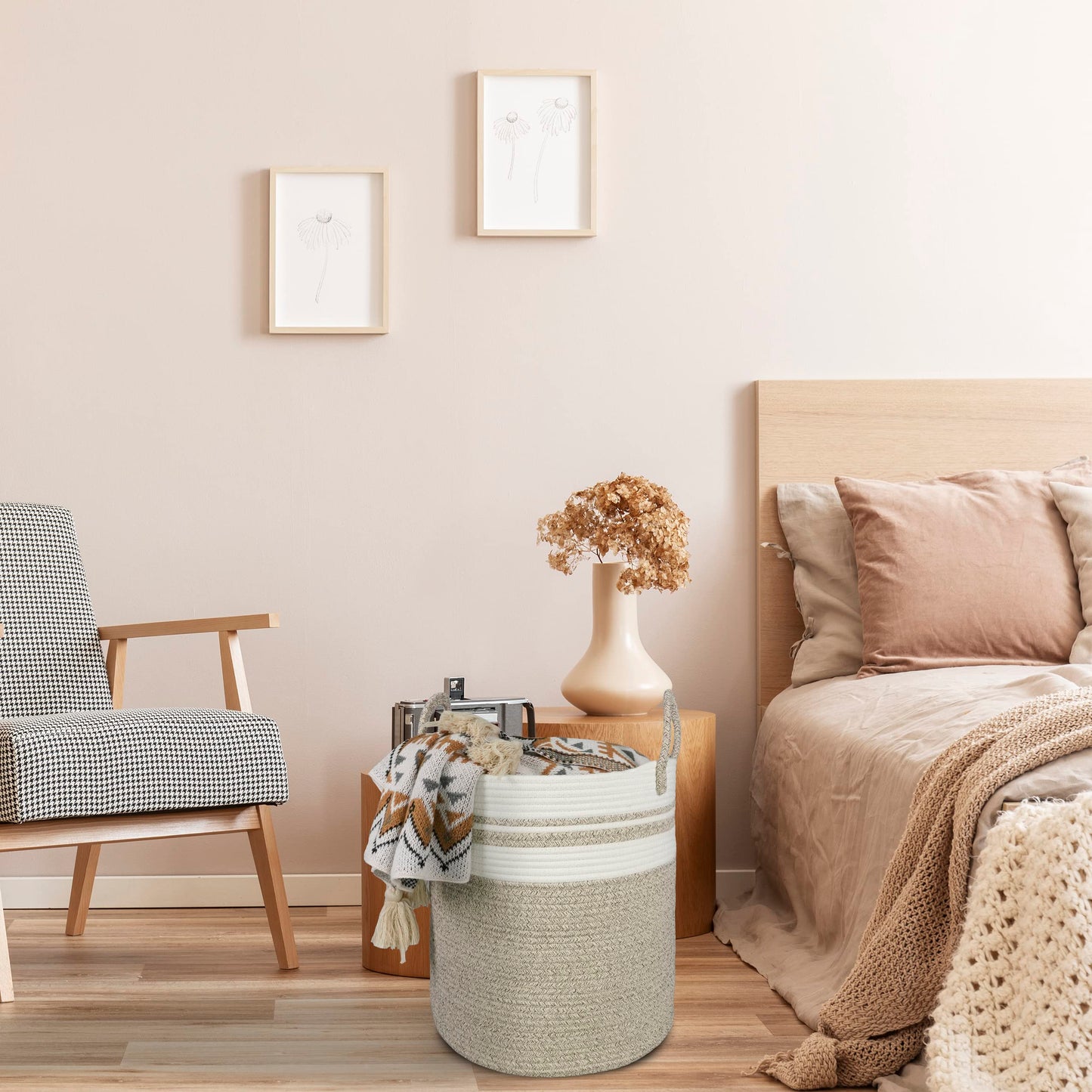 Xuanguo Cotton Rope Laundry Basket Hamper For Clothes Woven Storage Basket For Living Room Bedroom Boho Tall Rope Baskets For Bl