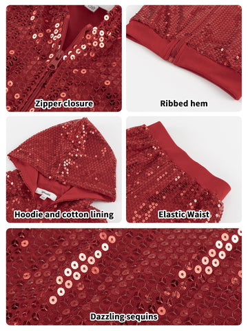 Lolanta Girls Hip-Hop Dance Costumes Sequin Hoodies Sequin Pants Red Dance Outfits Spring Fall Coat (Red, 10-11 Years)