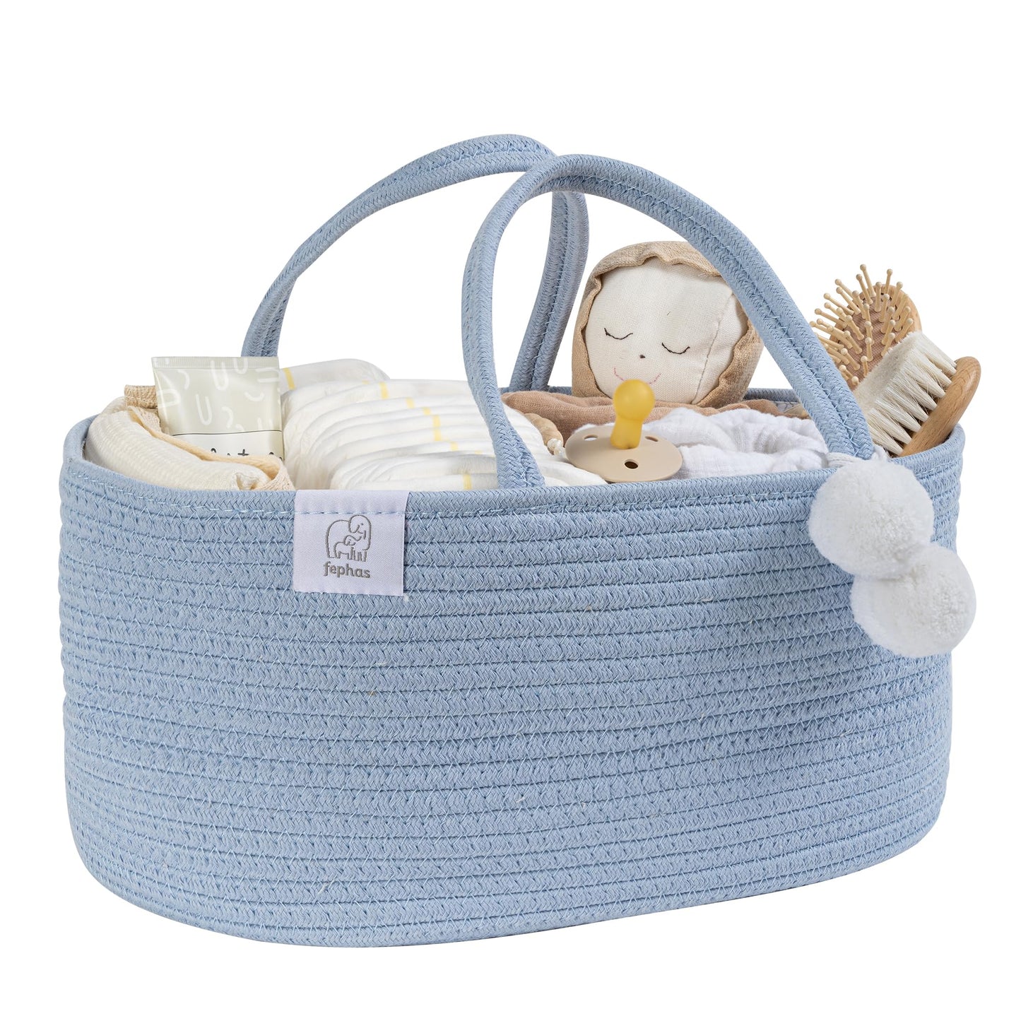 fephas Baby Diaper Caddy Organizer- Misty Blue Rope Nursery Storage Bin- Portable Diaper Storage Basket for Changing Table and C