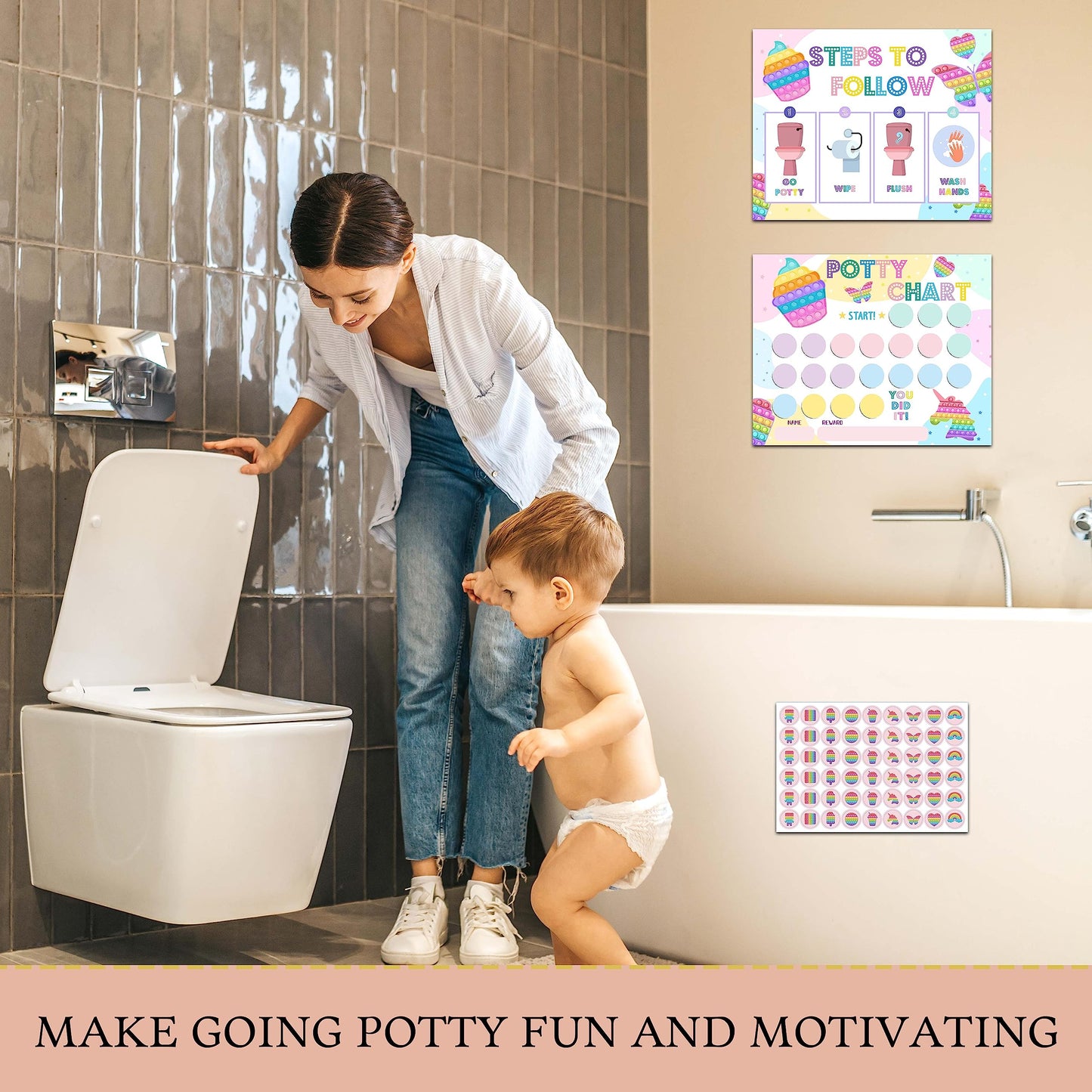 Pop It Potty Training Sticker Chart, 20 Potty Charts With 432 Round Stickers & 1 Instruction Sheet, Potty Reward Sticker Chart F