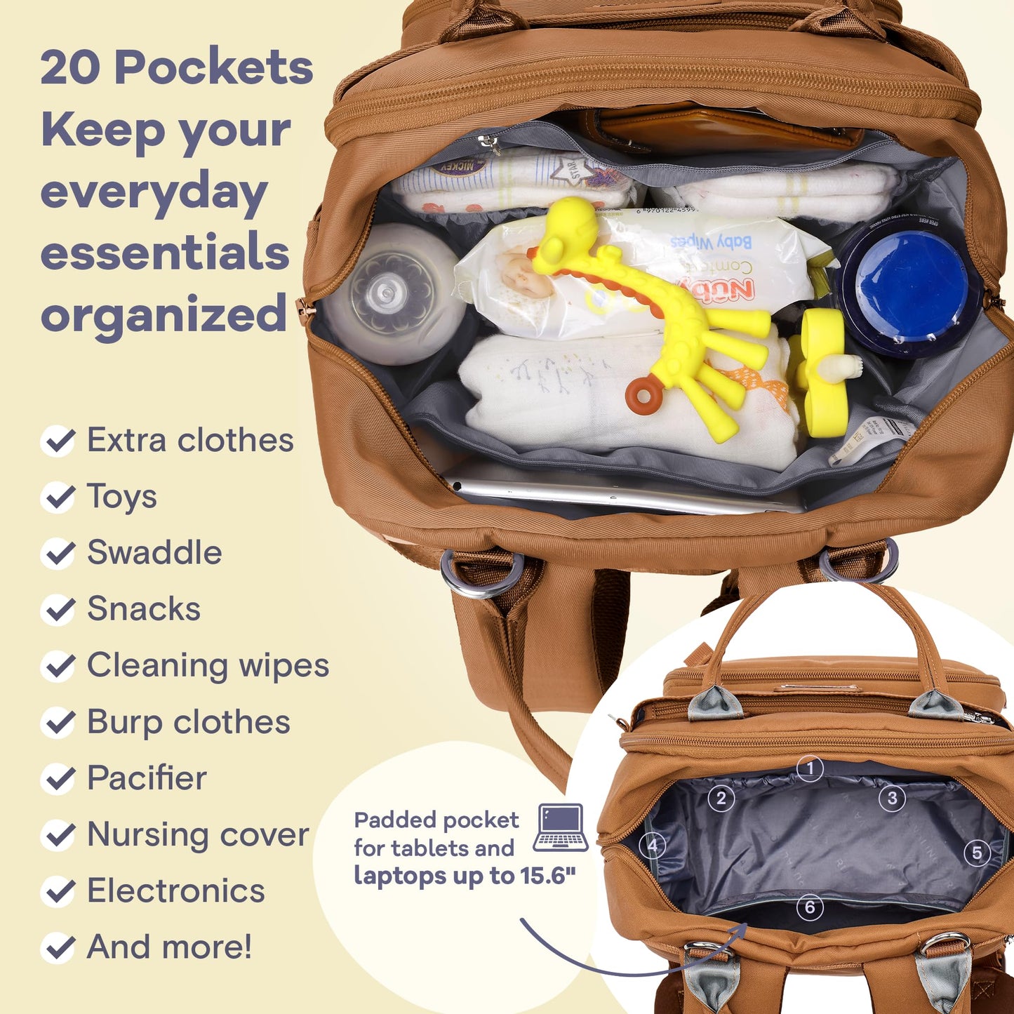 Ruvalino Diaper Bag Backpack, Multifunction Travel Pack Maternity Baby Changing Bags, Large Capacity, Waterproof, Dark Brown