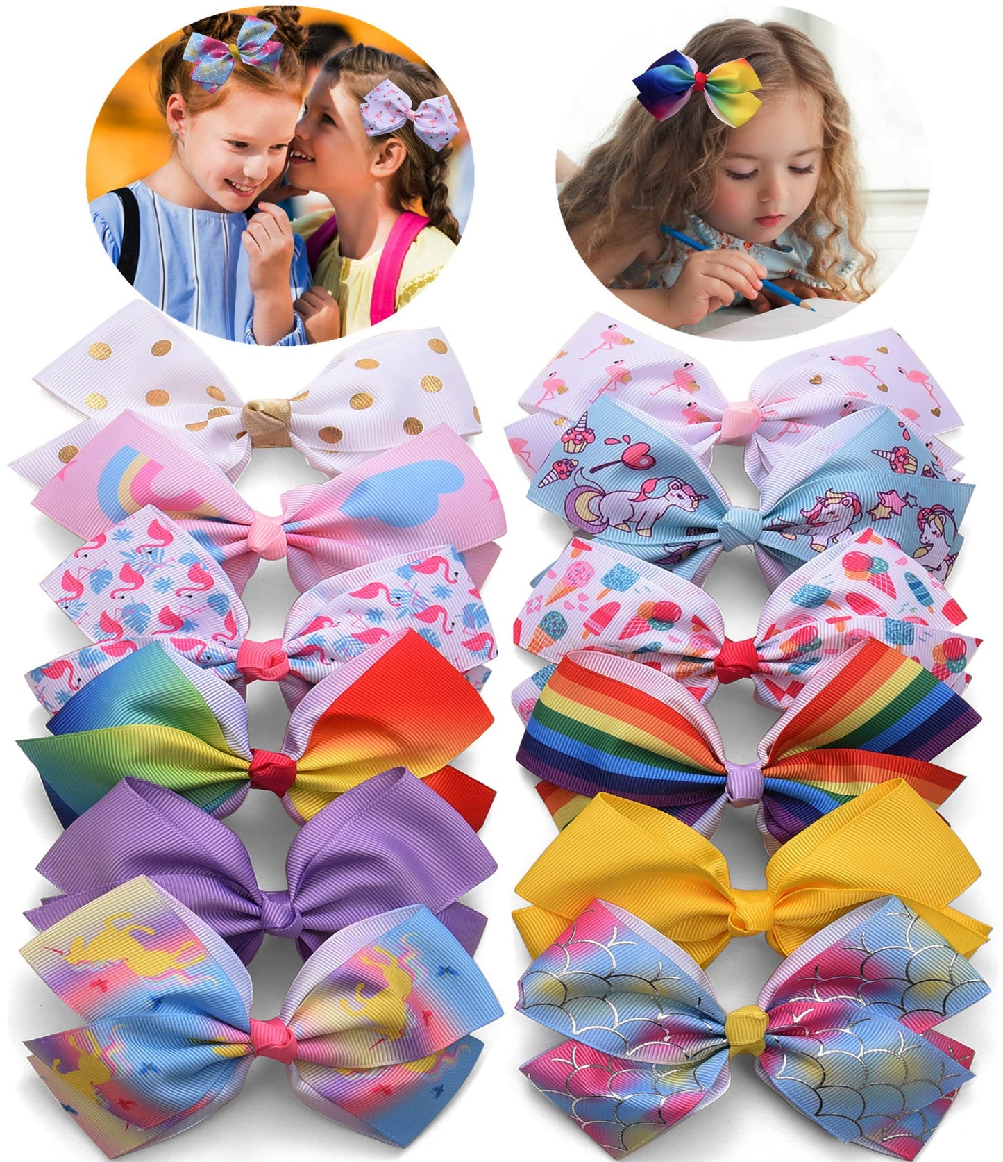 12Pcs 5 Inch Hair Bows For Girls Colorful Grosgrain Ribbon Heart Rainbow Hair Bow Clips Hair Accessories For Toddlers Little Gir