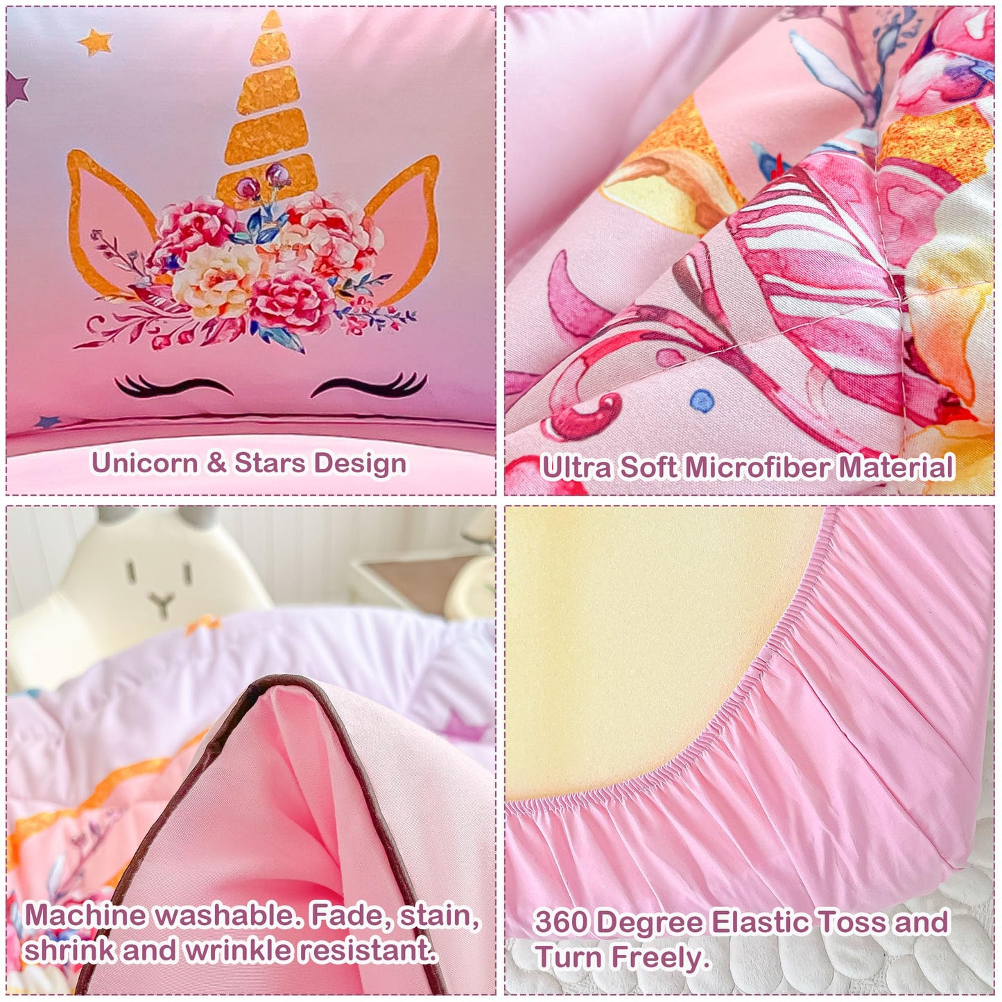Toddler Bedding Set For Girls 4 Piece Pink Unicorn Stars Toddler Comforter Sets For Baby Kids Bed-In-A-Bag Quilt Crib Toddler Be