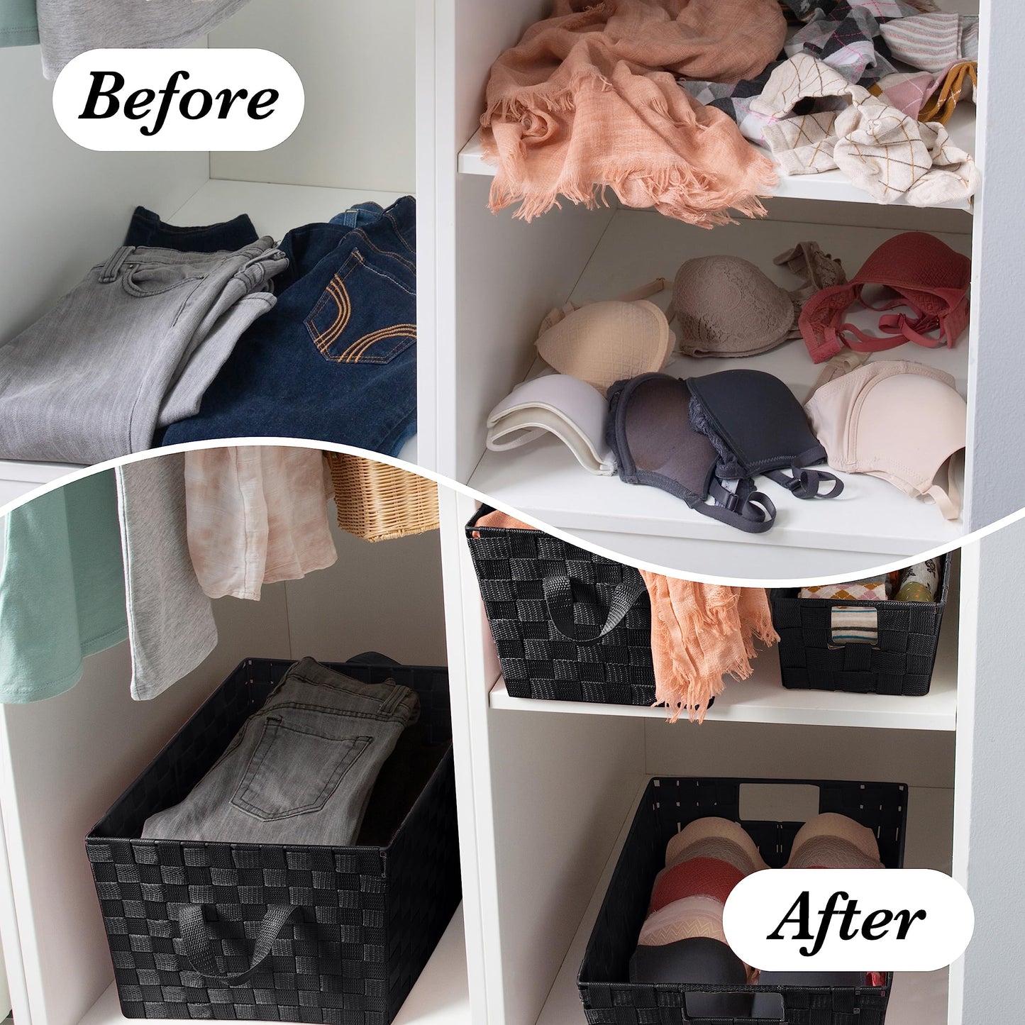 Simplify Small Shelf Woven Strap Tote | Decorative Storage Basket | Built In Handles | Organization | Closet | Bedroom | Bathroo