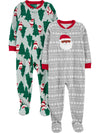 Simple Joys By Carter'S Kids' Holiday Loose-Fit Flame Resistant Fleece Footed Pajamas, Light Grey Snowflake/Mint Green Christmas