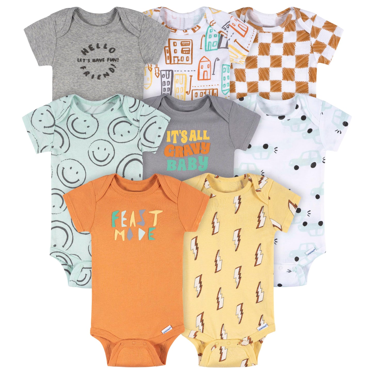 Onesies Brand baby-boy 8-pack Short Sleeve Mix & Match Bodysuits, Hello Friends, 3-6 Months