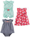 Simple Joys By Carter'S Baby Girls' 3-Pack Romper, Sunsuit And Dress, Mint Green Cherry/Navy Stripe/Pink Floral, 12 Months